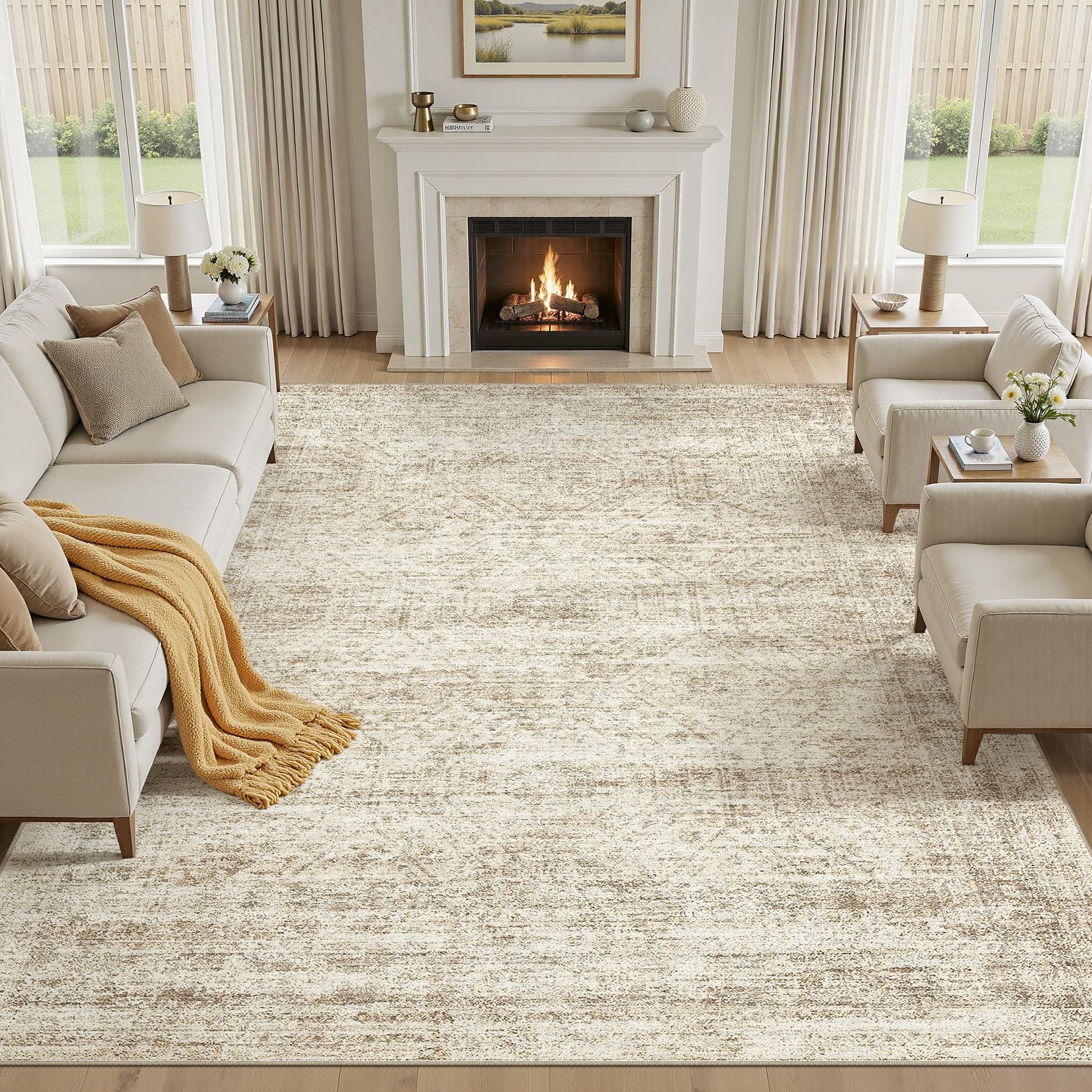 cotiled large area rug 8x10 living room beige brown adds warmth and easy maintenance.