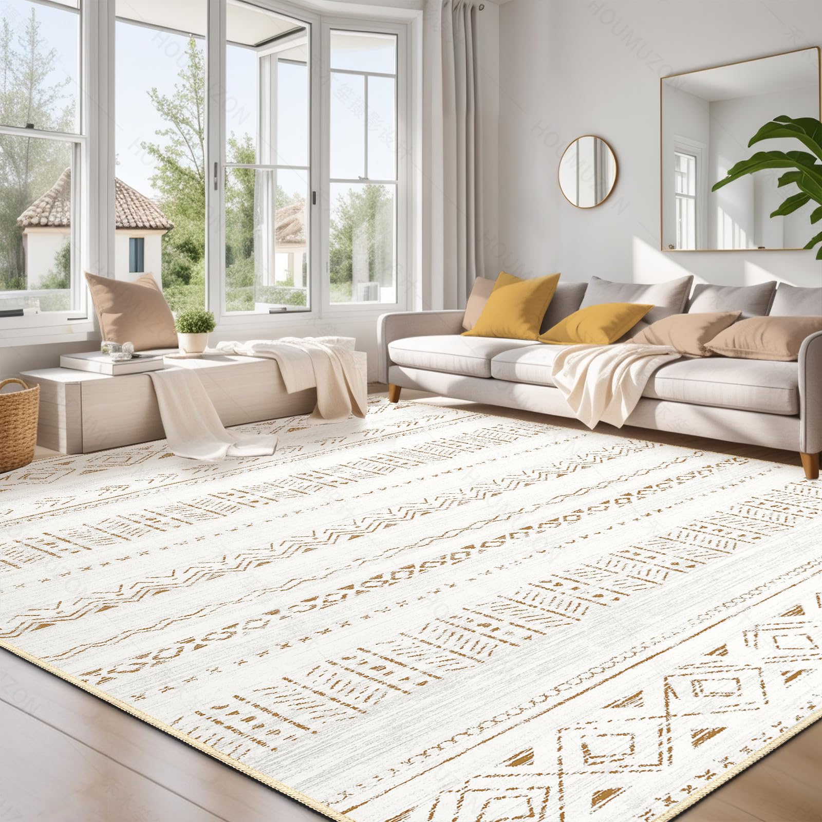cotiled living room rug with boho pattern provides soft comfort and easy care.