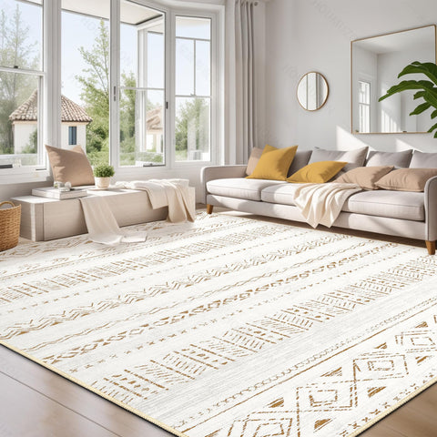 cotiled living room rug with boho pattern provides soft comfort and easy care.