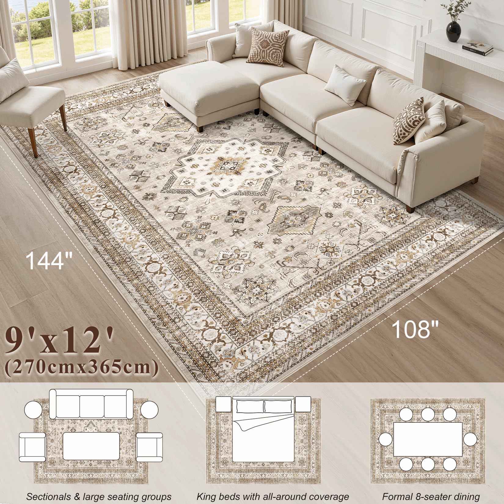 Cotiled Vintage Living Room Rug 9x12 beige decor accent for home style.