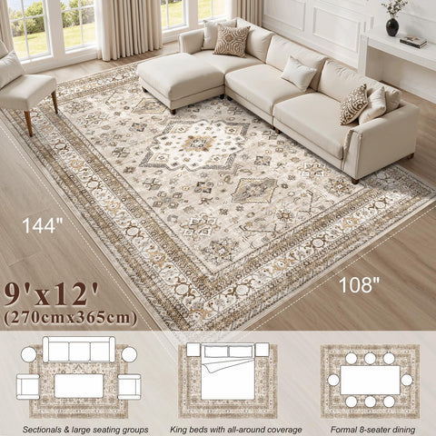 Cotiled Vintage Living Room Rug 9x12 beige decor accent for home style.