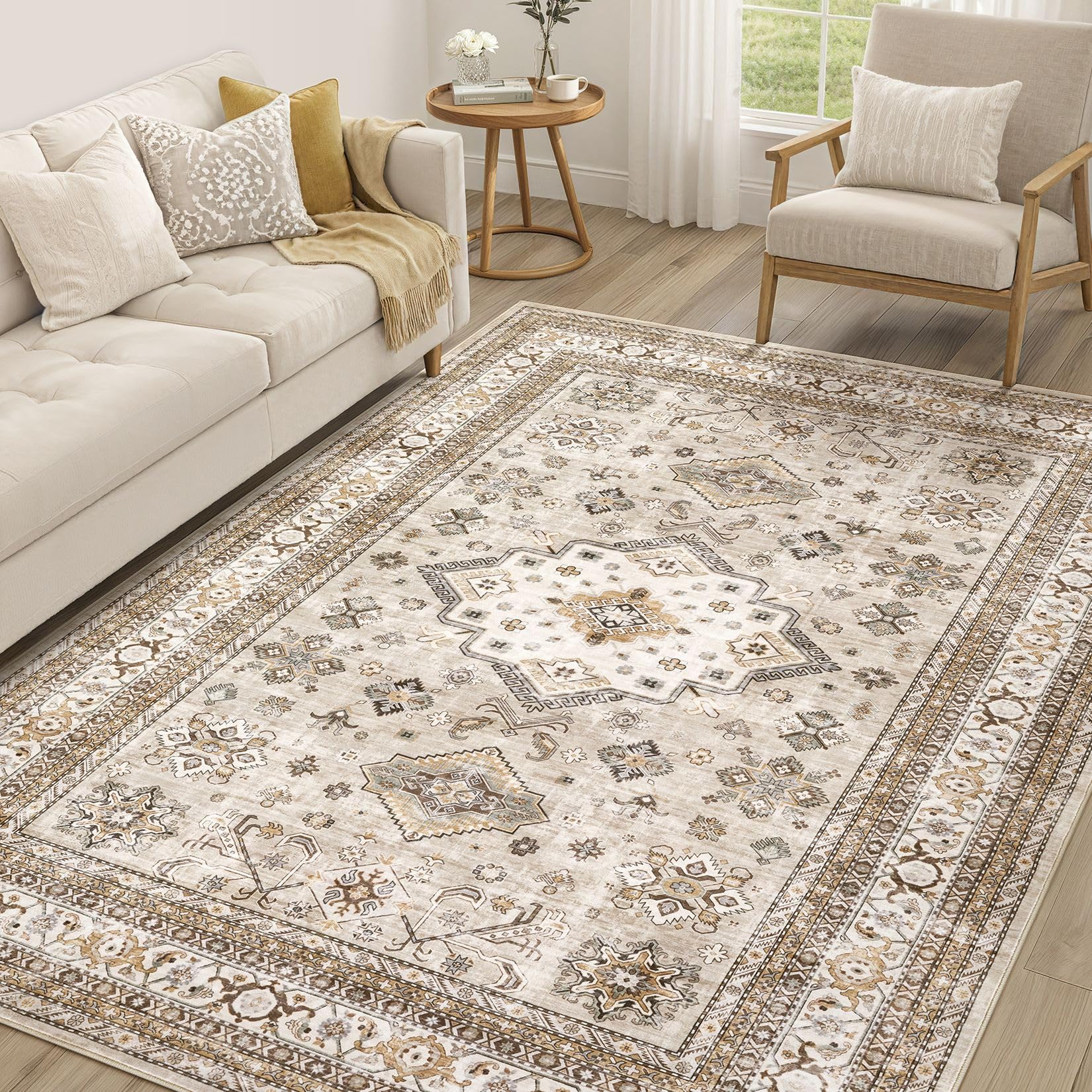 Cotiled vintage rug living room closeup shows soft texture for cozy steps and warmth.