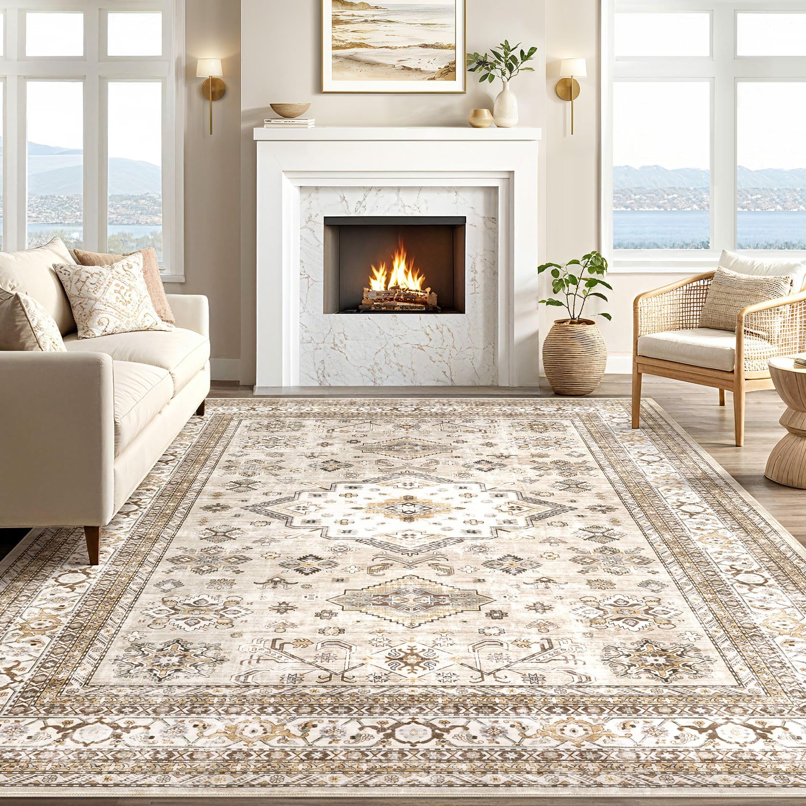 Cotiled vintage rug soft texture supports comfortable foot traffic and playtime.