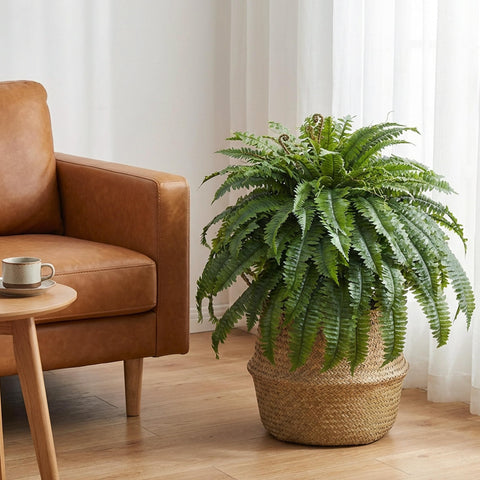 Cotlux faux fern in living room wall decor creates depth.