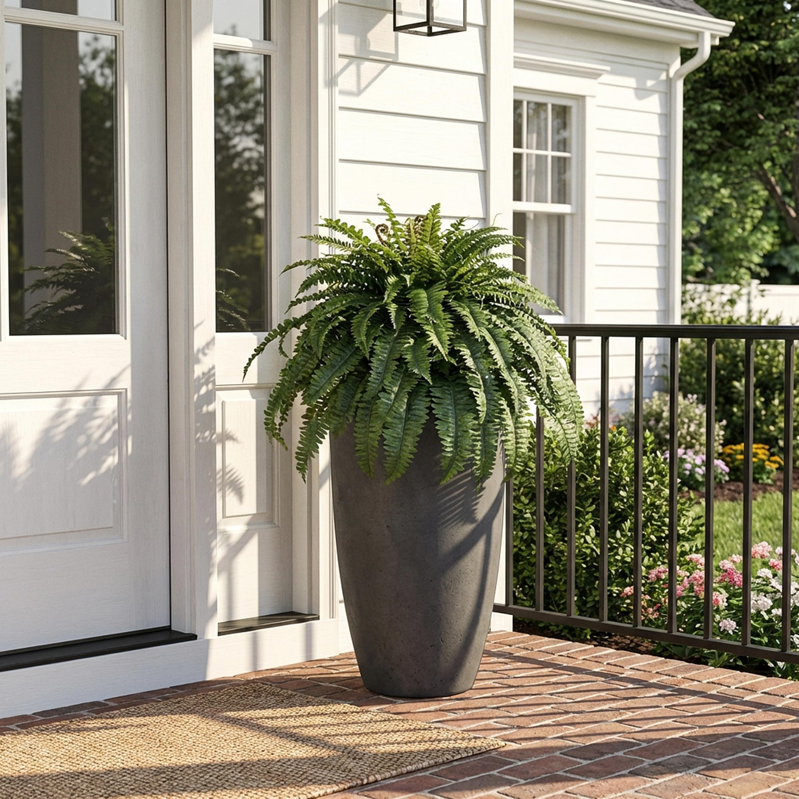 Cotlux outdoor fern planters and porches add instant greenery.
