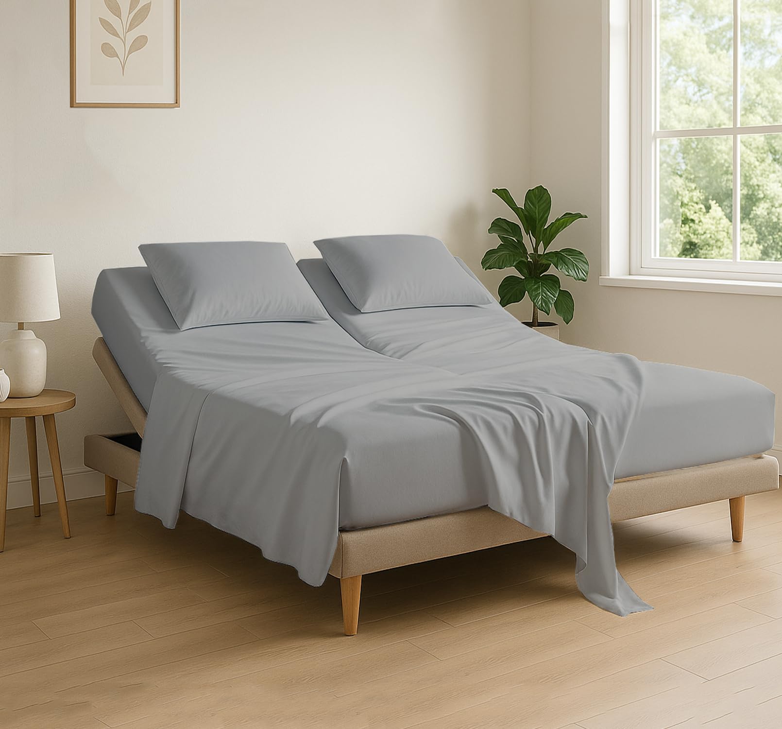Cottingon 4-piece flex head king sheet set displayed on adjustable bed, showing secure fit.