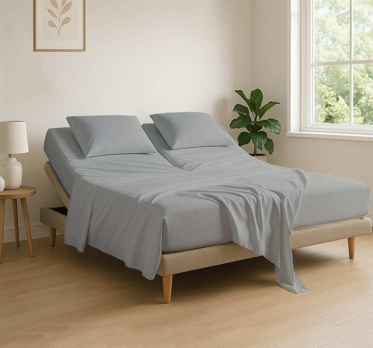 Cottingon 4-piece flex head king sheet set displayed on adjustable bed, showing secure fit.