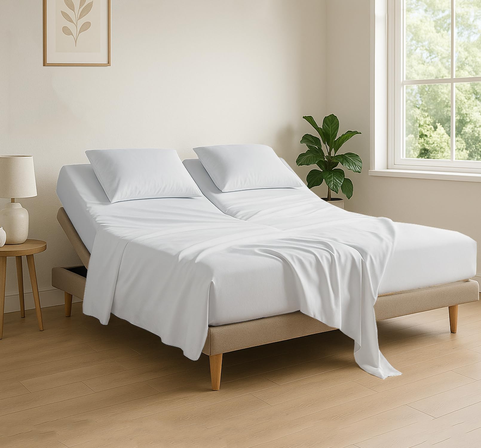 Cottingon Flex Head King Sheet Set on bed showing adjustable bed fit and neat edge finish