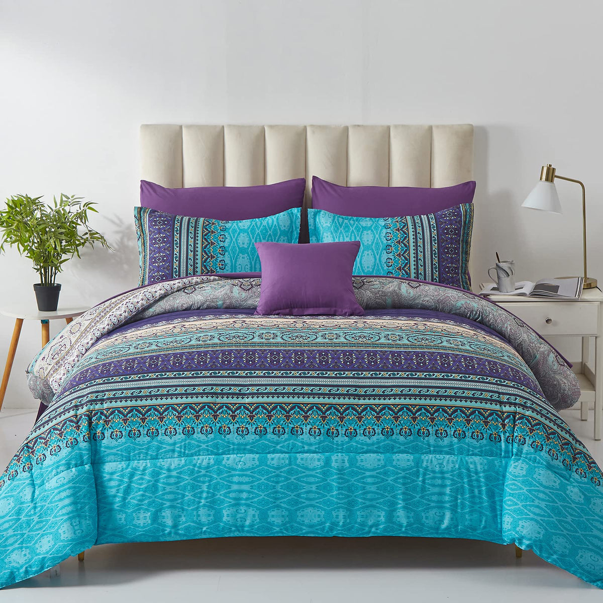 Cottolester Boho Comforter King with aqua pattern enhances vibrant bedroom decor