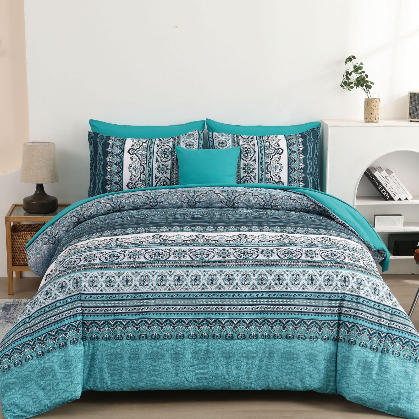 Cottolester boho queen comforter in teal stripes adds stylish focal point