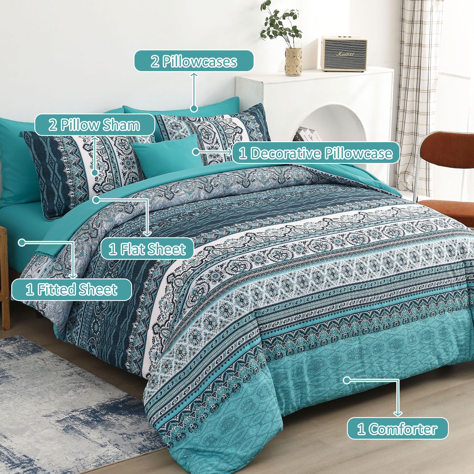 Cottolester queen flat sheet in teal coordinates with the comforter