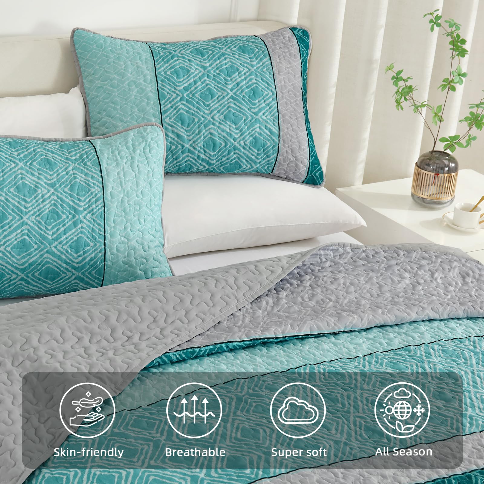 Cottolester teal quilt displayed on a styled bed in a bright bedroom.