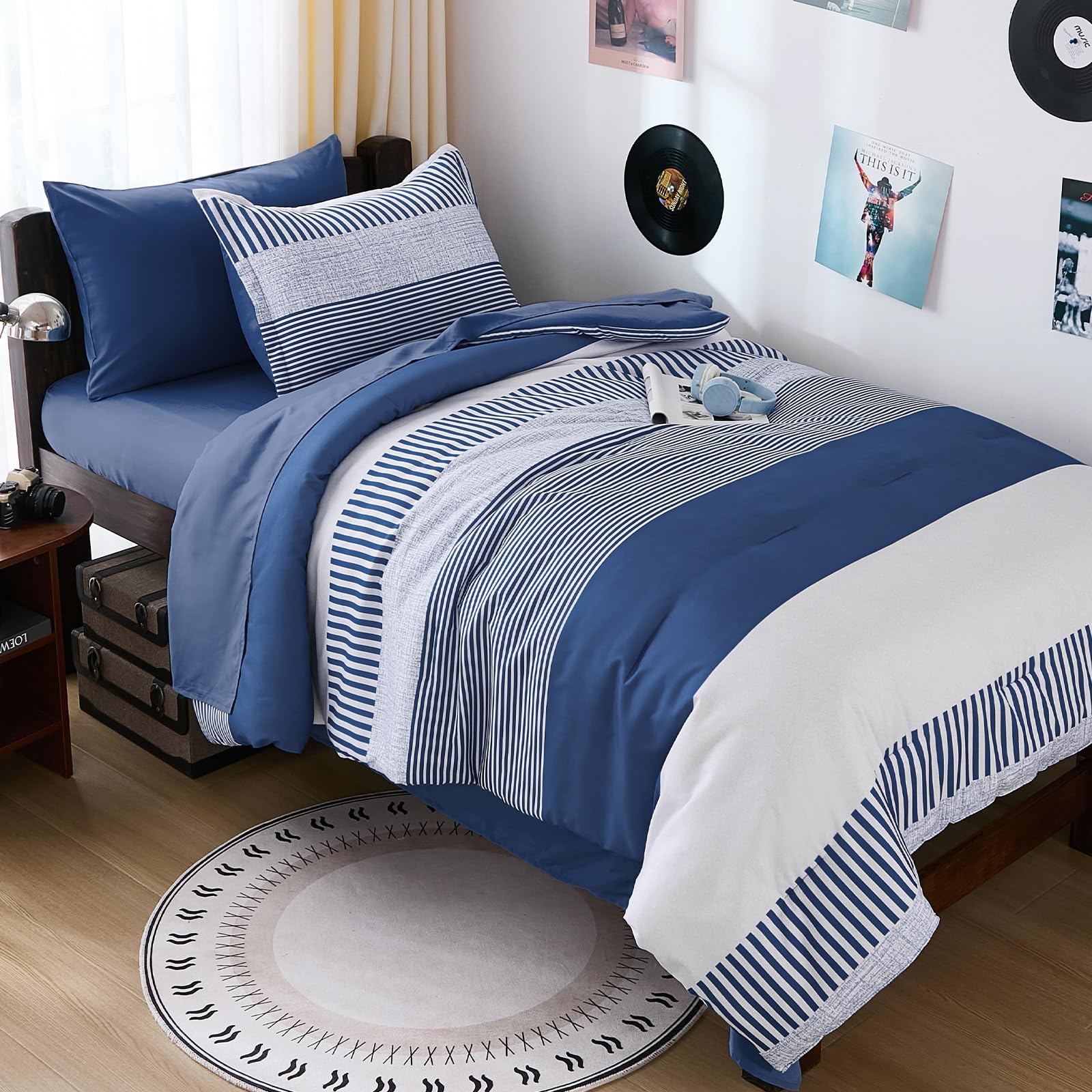 Cottolester twin comforter navy stripes on bed boosts kid-friendly bedroom style