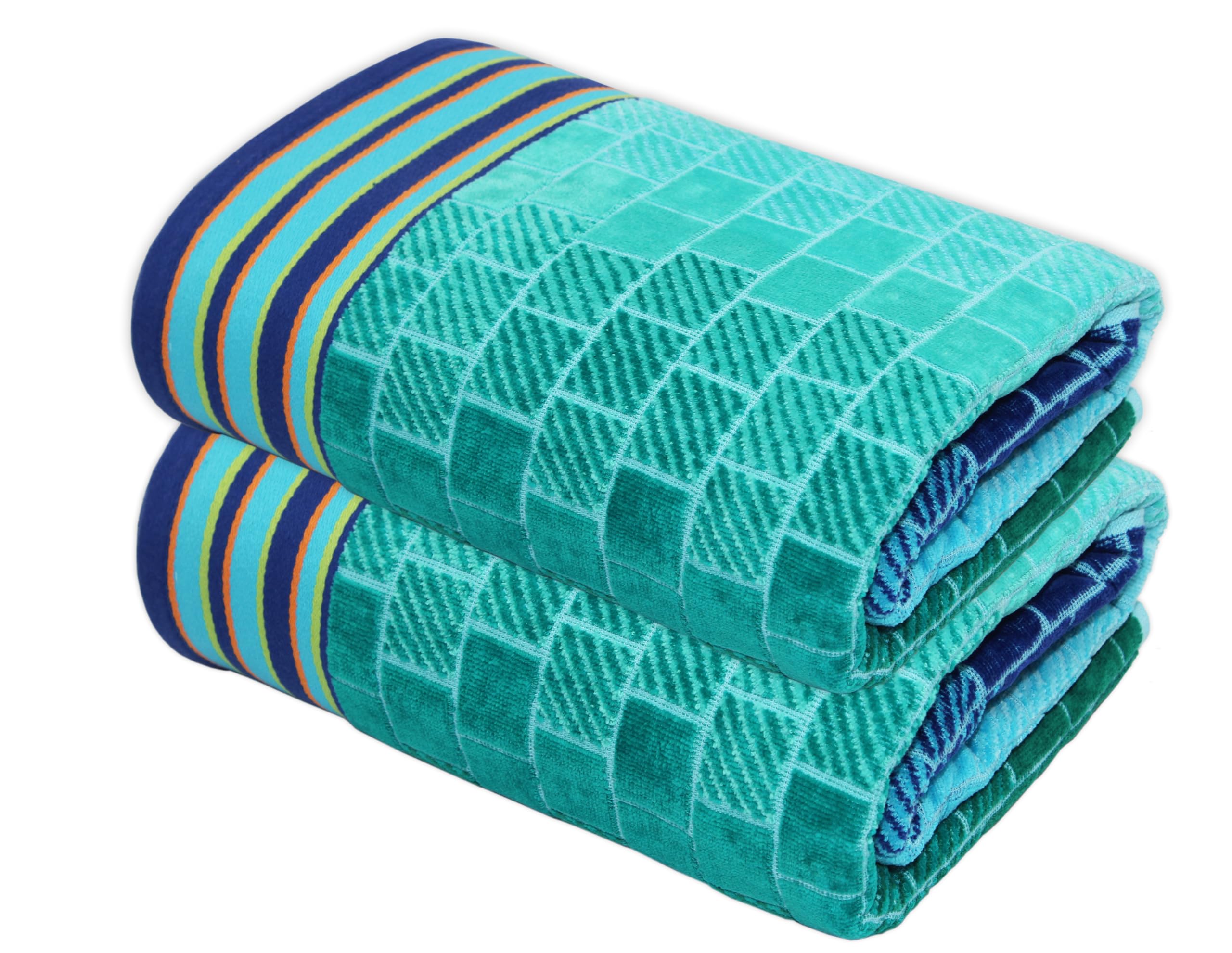 The Cotton Craft Blue Tiles Velour Beach Towel 2-pack for comfortable beach lounging.