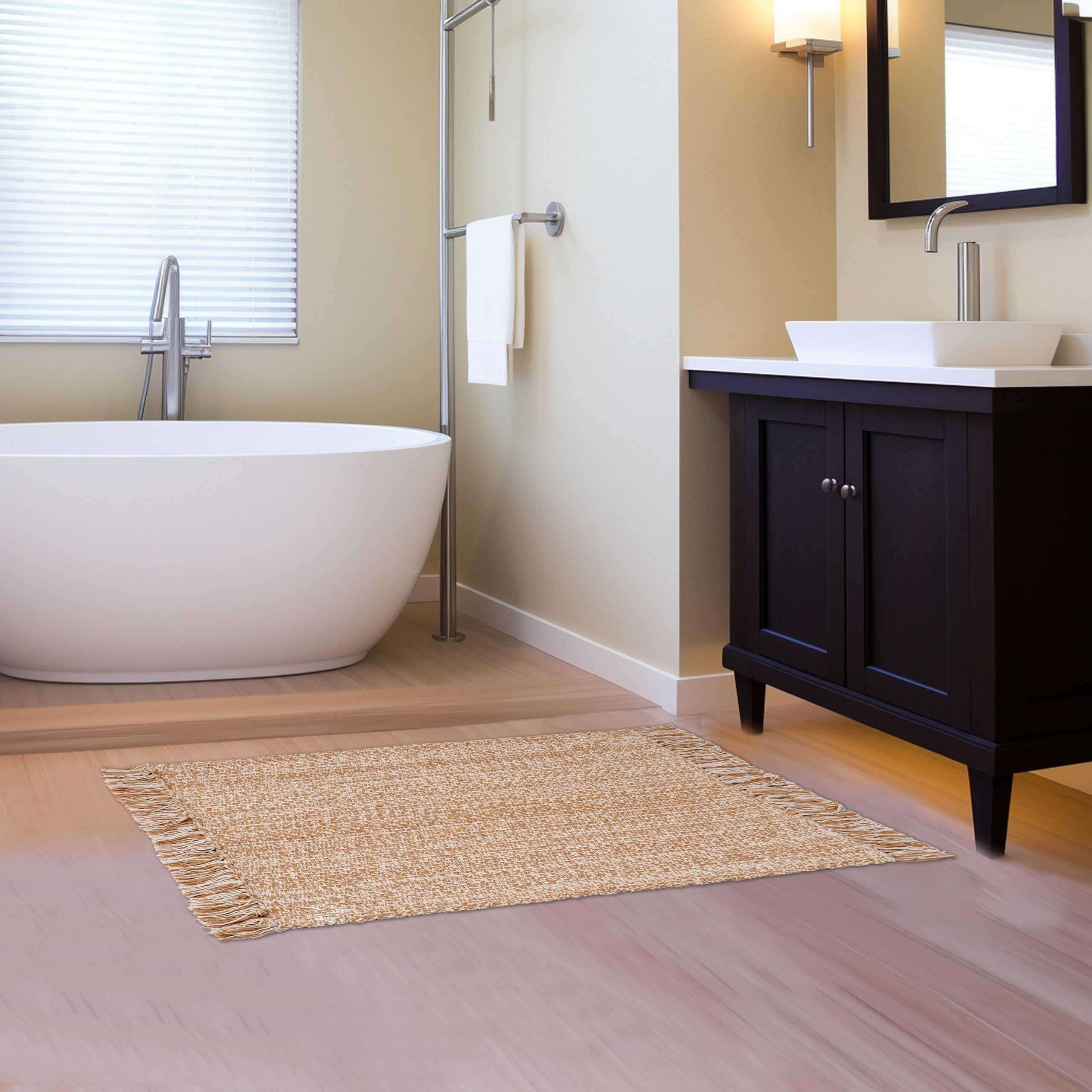 COTTON CRAFT neutral tan rug complements boho farmhouse decor styles.