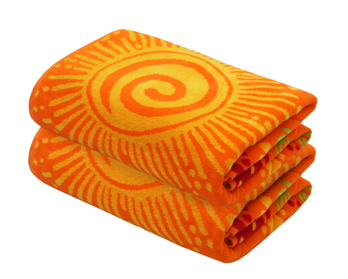 Cotton Craft oversized beach towel flat lay in sunshine orange yellow for sunbathing.