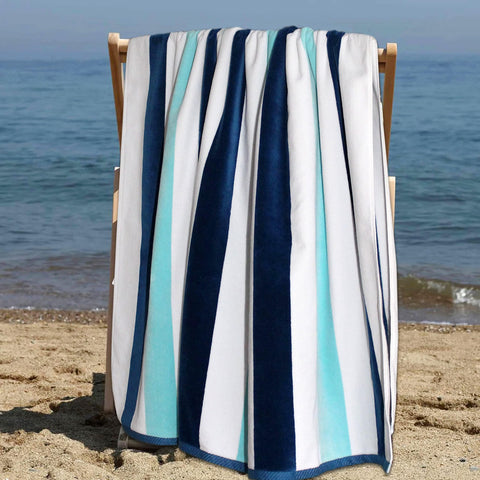 Cotton Craft picnic-ready stripe towel spread as a blue and white blanket.