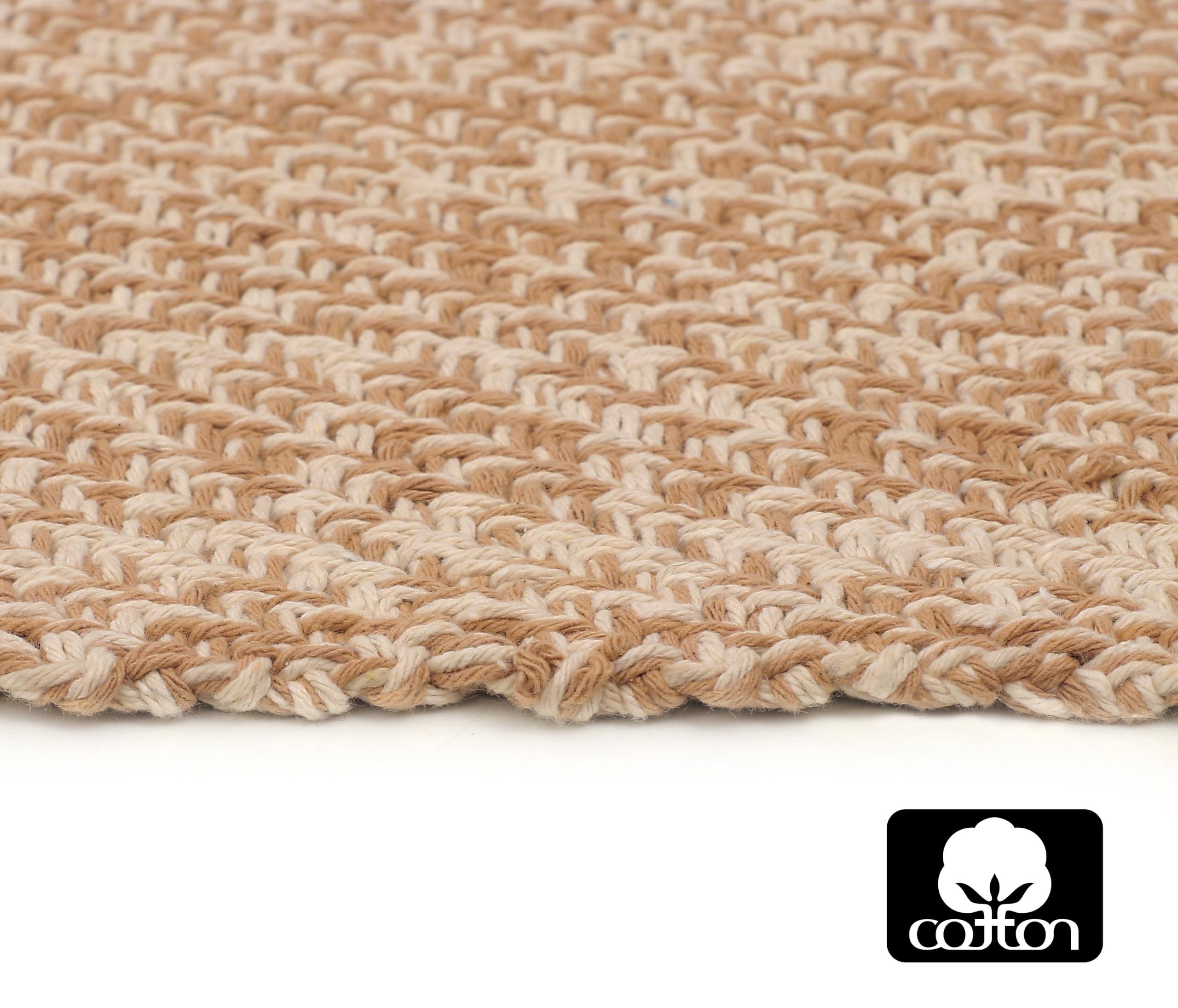 COTTON CRAFT rug on wood floor in living room conveys cozy farmhouse vibe.
