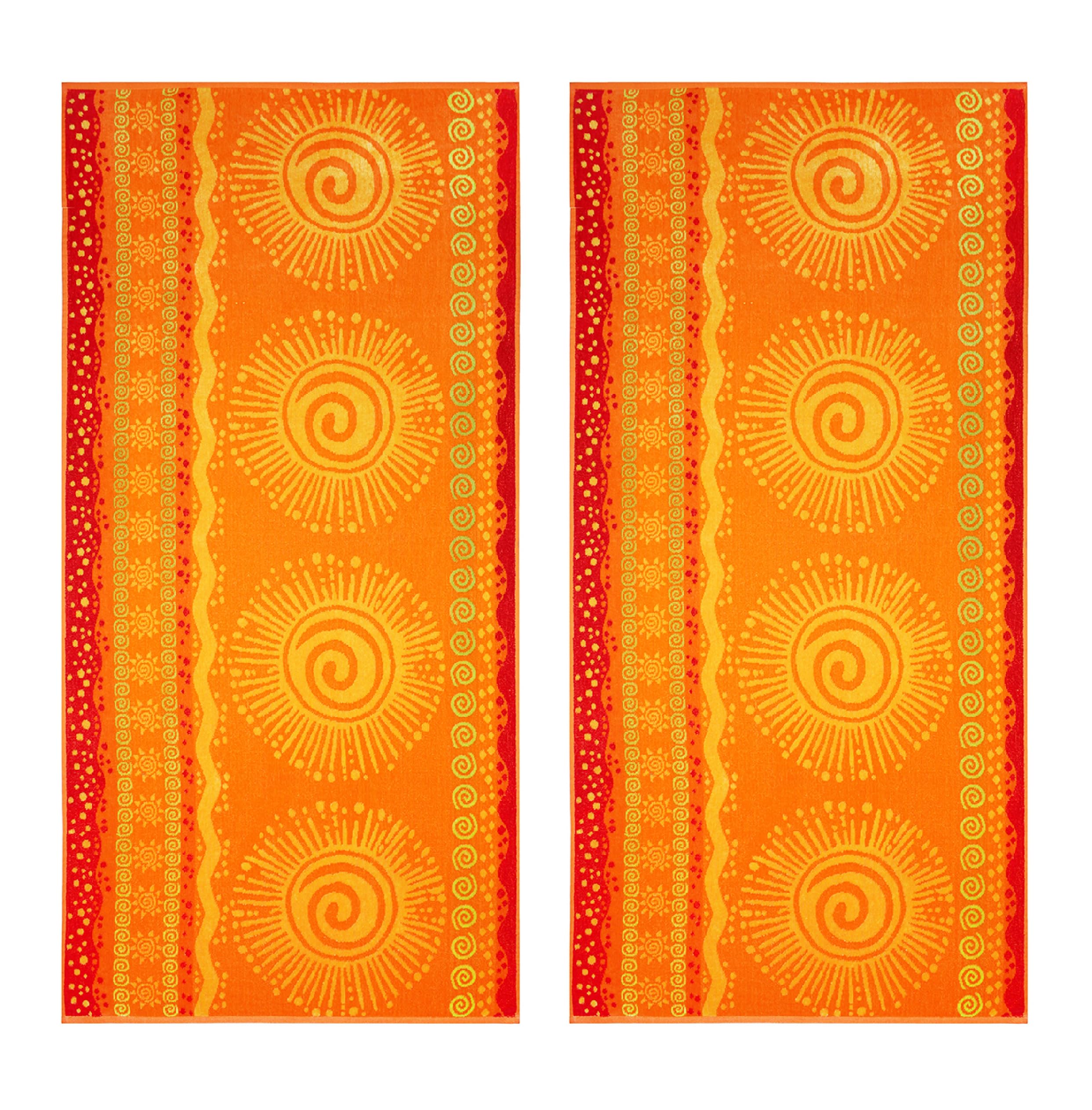 Cotton Craft vibrant yellow towel draped on chair for poolside comfort.