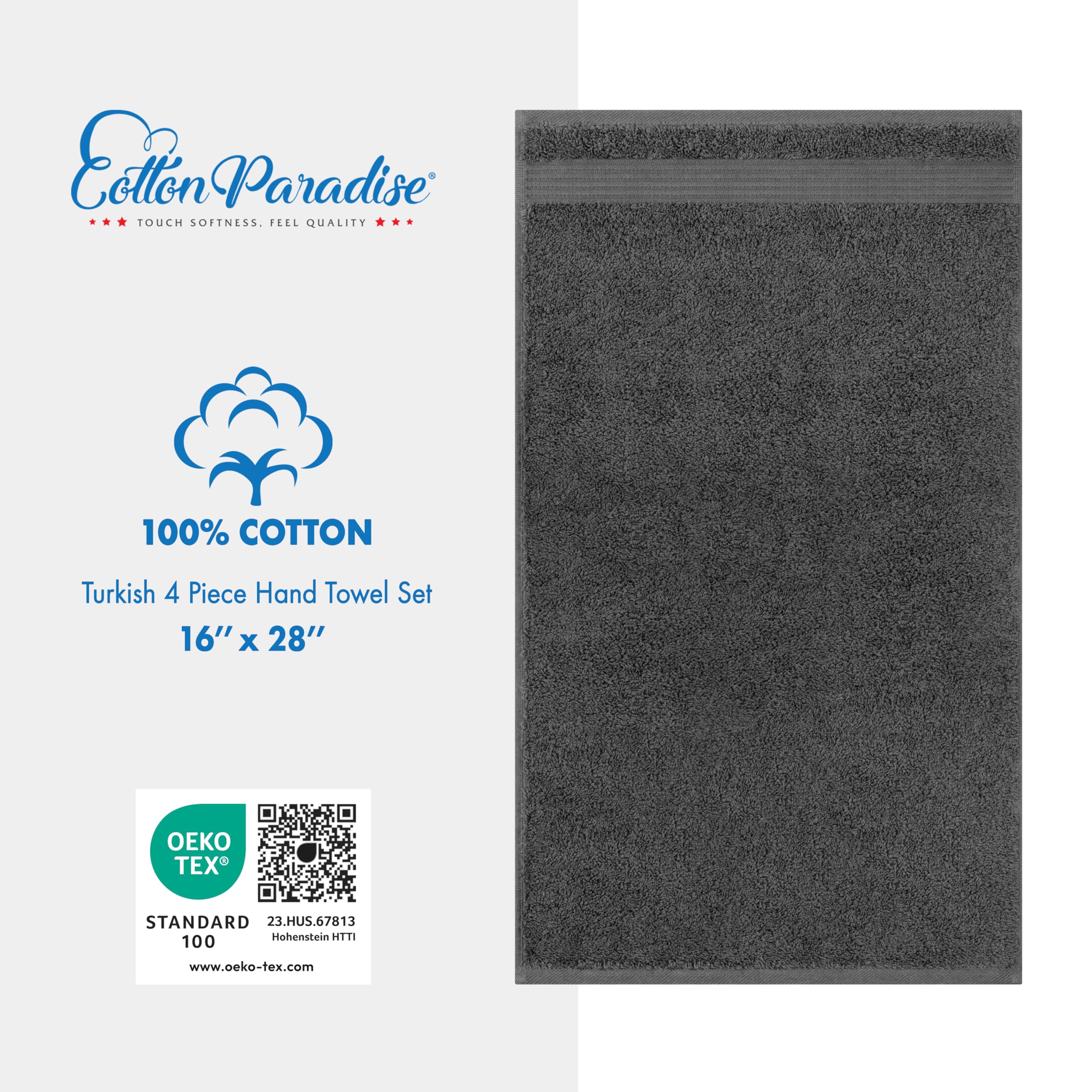 Cotton Paradise bathroom scene with dark gray towels for modern decor.