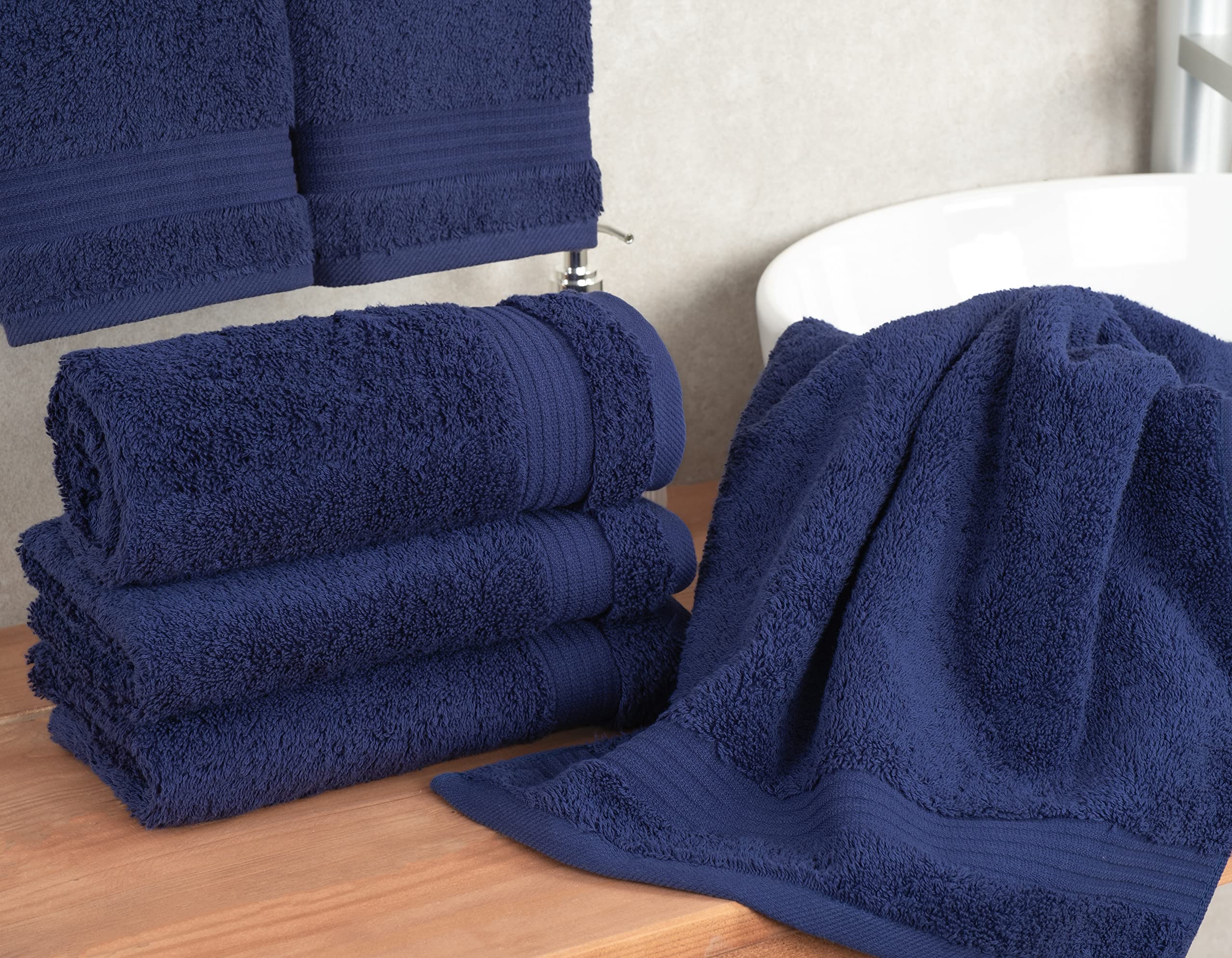 Cotton Paradise navy towels in a bathroom scene highlighting hotel spa quality