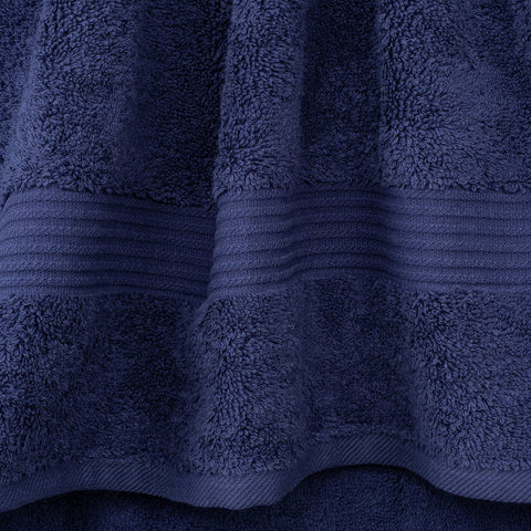 Bath towels in navy blue measure 27x54 for comfort.