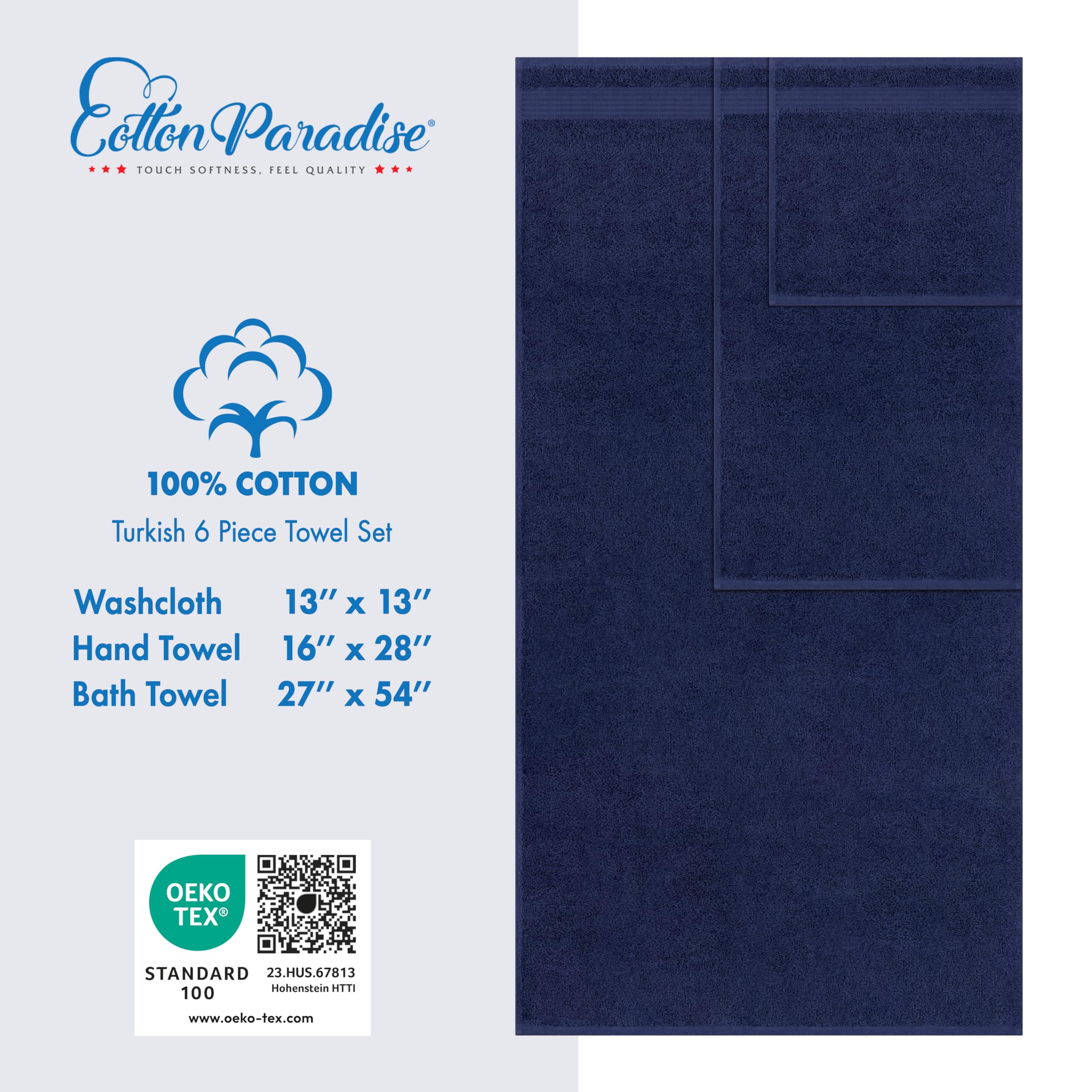 Hand towels in navy blue measure 16x28 for quick drying after use.