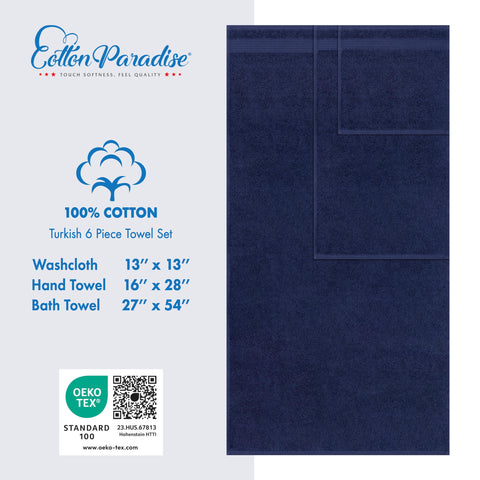 Hand towels in navy blue measure 16x28 for quick drying after use.