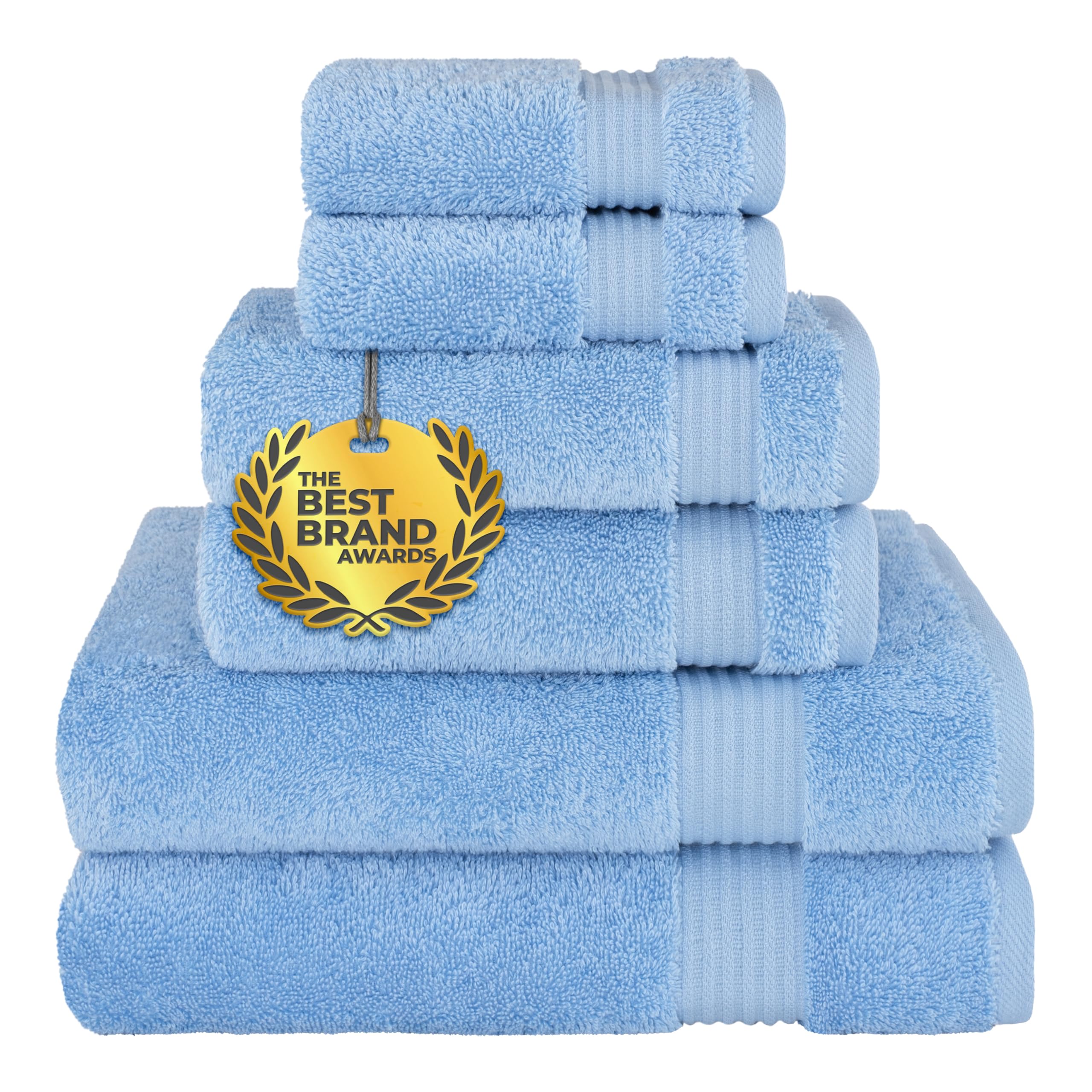 Cotton Paradise sky blue towel set packshot shows plush, absorbent 100% cotton.