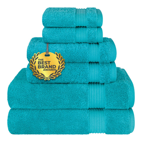 Cotton Paradise Turkish towel set in Ocean Aqua on display for family bathroom use.