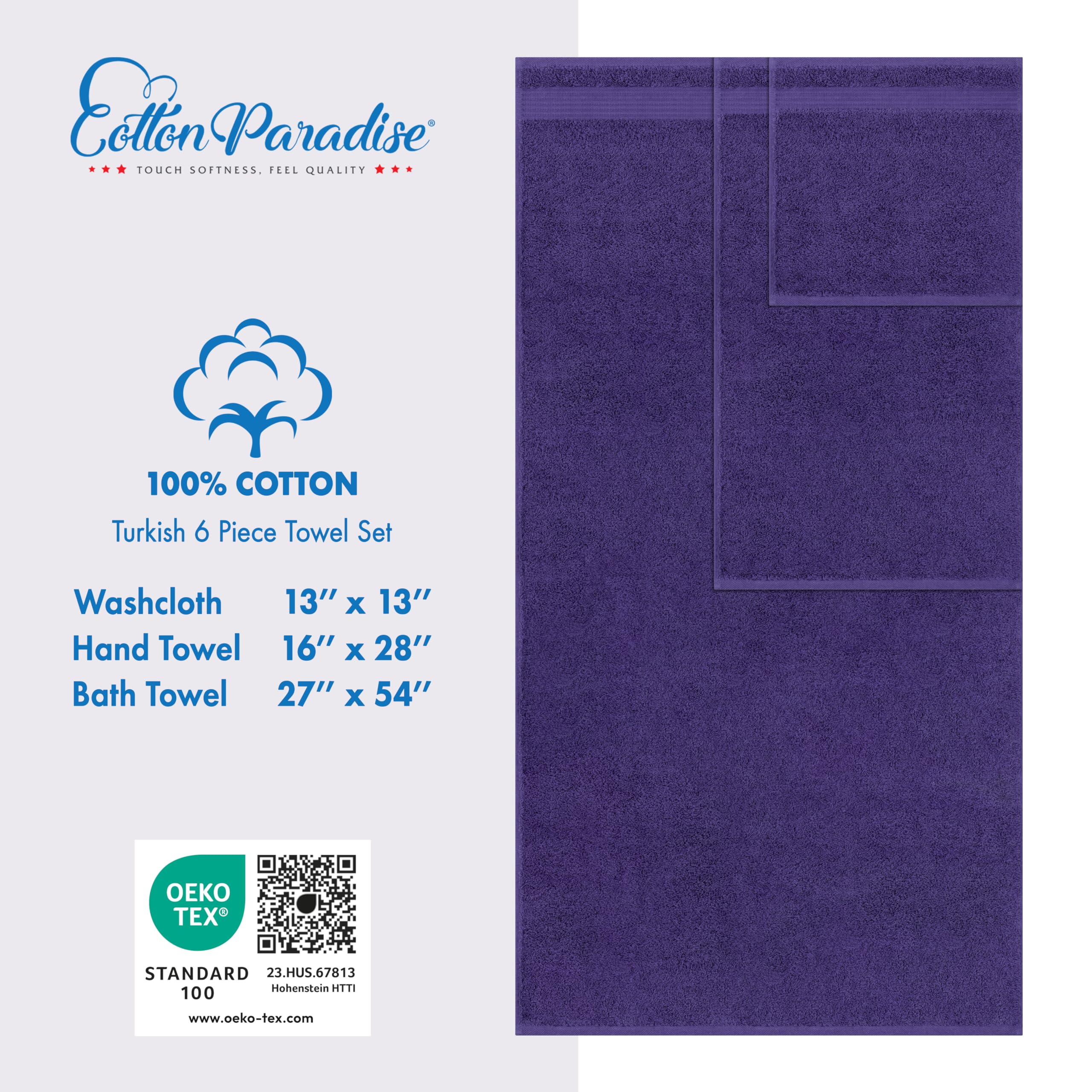 Cotton Paradise washcloths 13x13 purple ideal for face cleansing and guests.