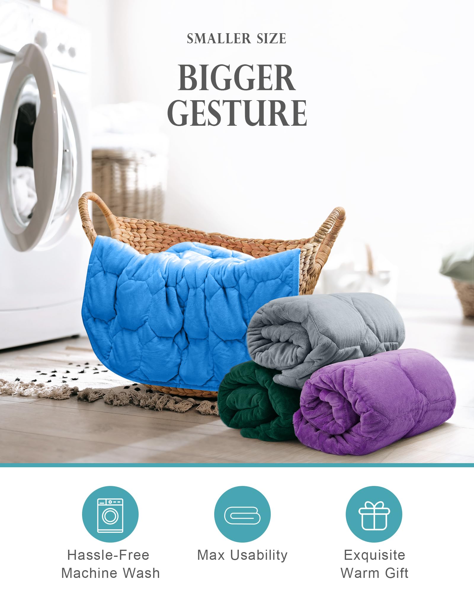 Cottonblue weighted lap blanket care shot shows machine wash and low tumble dry for easy upkeep.
