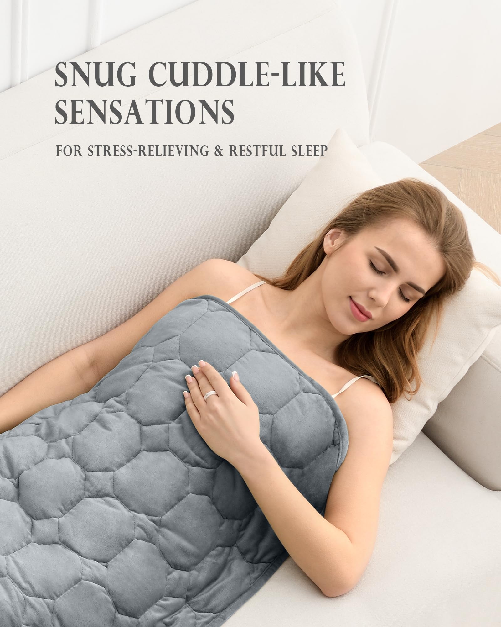 Cottonblue weighted lap blanket side view highlights plush double-sided velvet and supreme comfort.