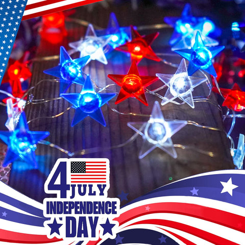Couah 10ft red white blue star string with remote for easy control.