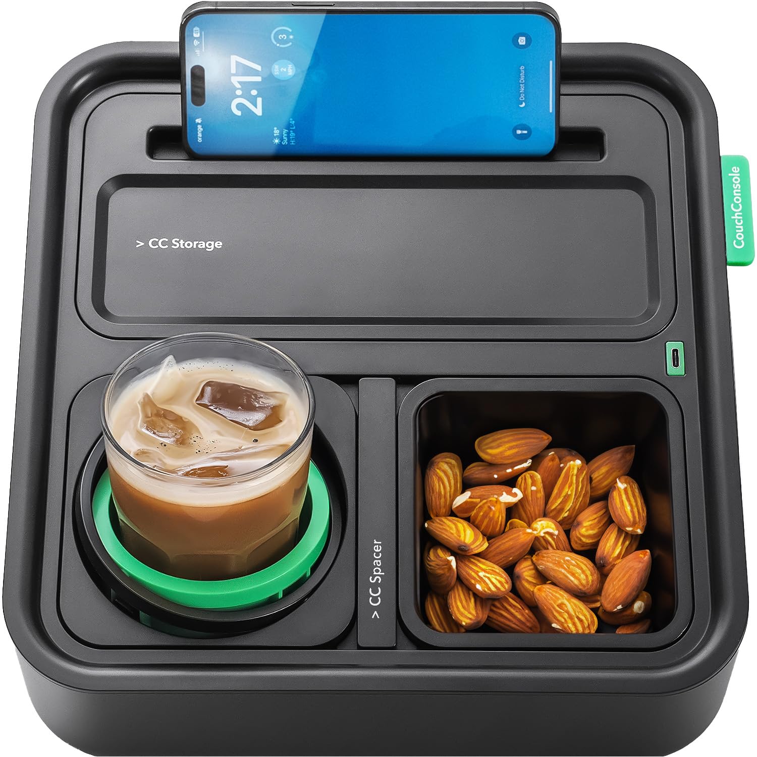 CouchConsole Original Tray cupholder keeps drinks steady on uneven surfaces.
