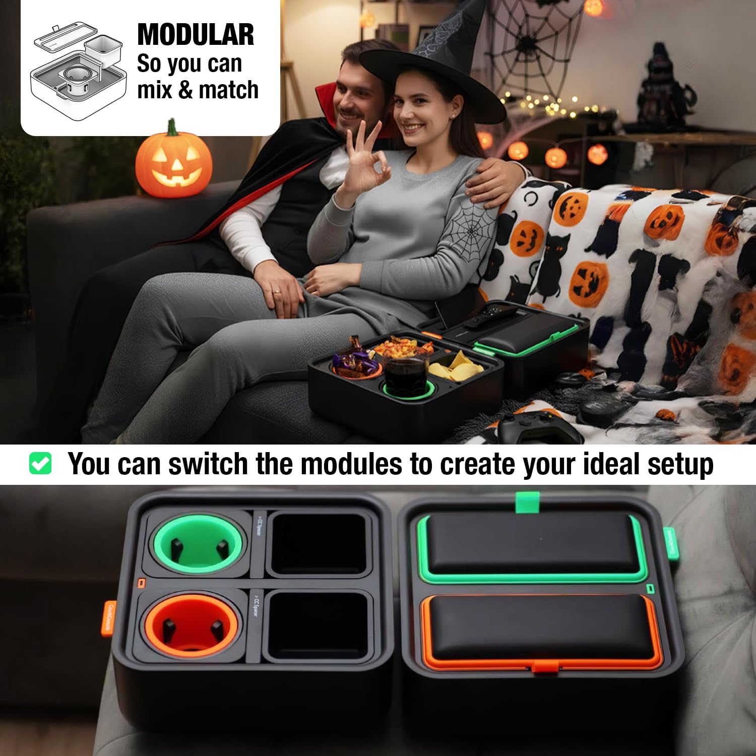 CouchConsole Original Tray generous storage area for snacks and gadgets.