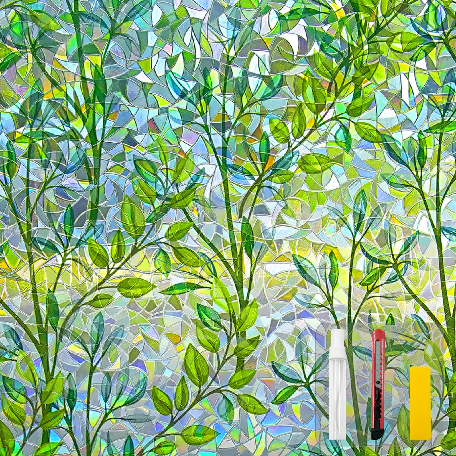 COUNTEWOL Leaf Rainbow window film with green leaves and rainbow glow, enhances privacy and light