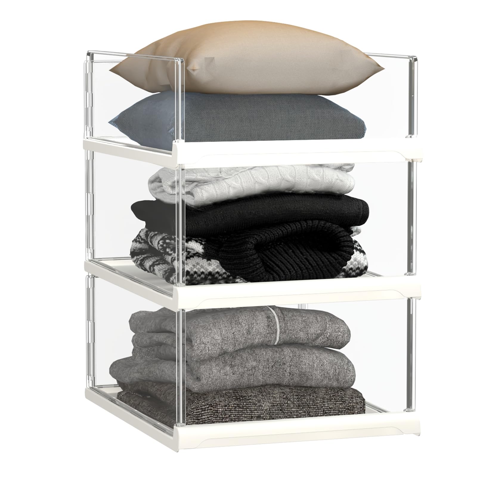 Covetree 3-pack stackable closet organizers provide clear visibility for easy outfit planning.