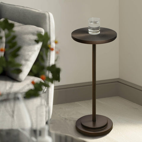 COVLON drink table close view of carved top, accent piece.
