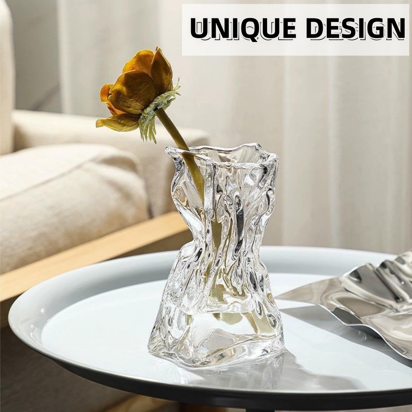Covzoe glass vase on dining table as a refined centerpiece option.