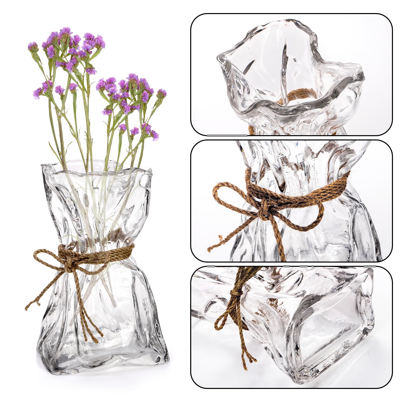 Covzoe vase close-up showing textured glass and hemp rope wrap for durability.