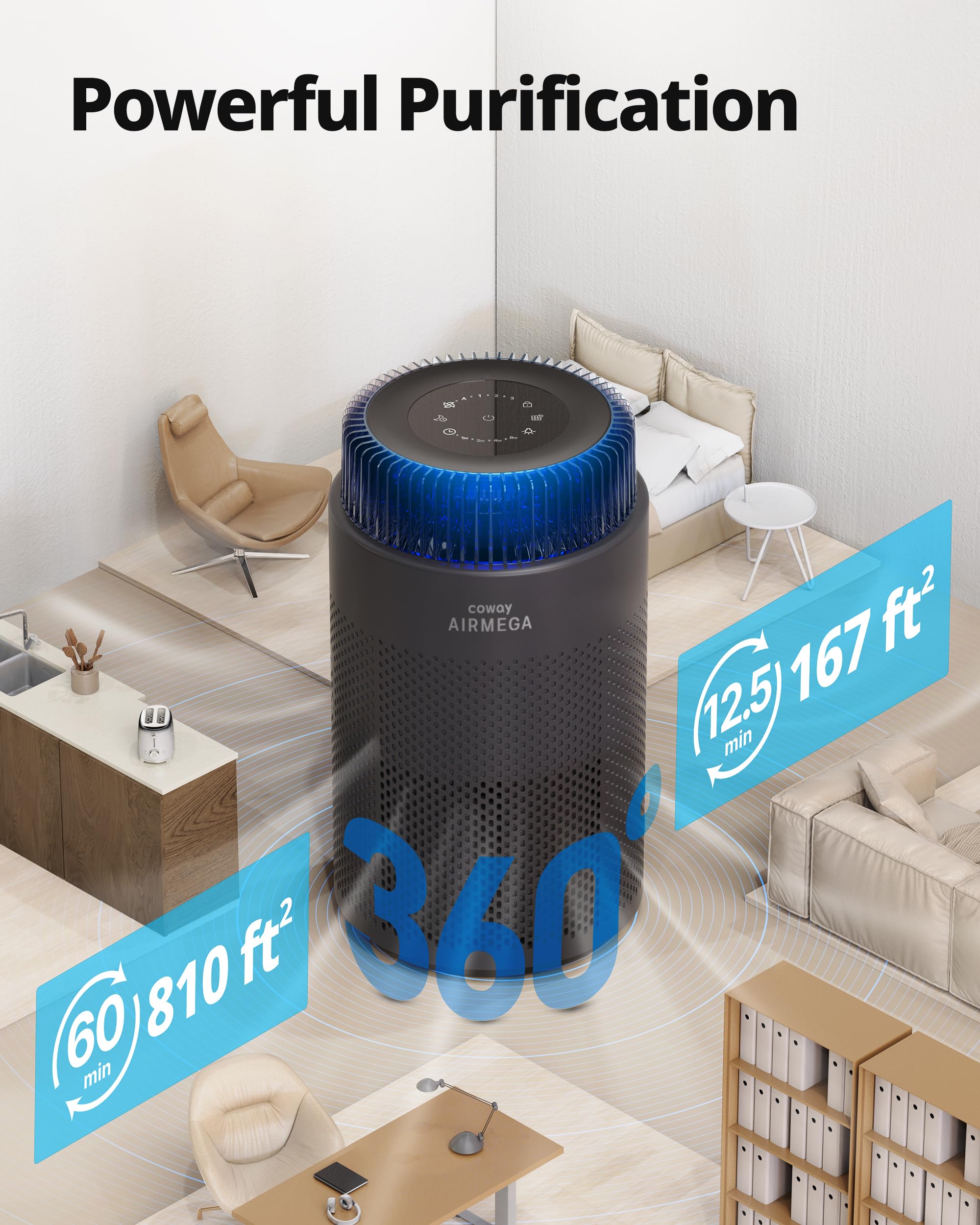 Coway air purifier in Auto Mode with real-time AQI monitoring.