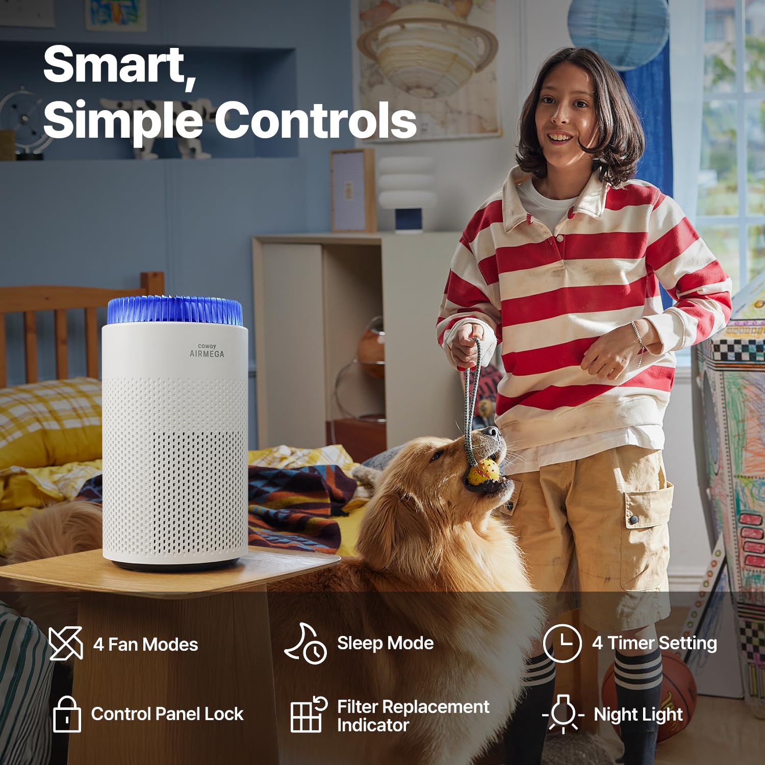 Compact footprint of the Coway purifier fits neatly in a corner.