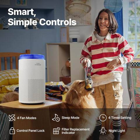 Compact footprint of the Coway purifier fits neatly in a corner.