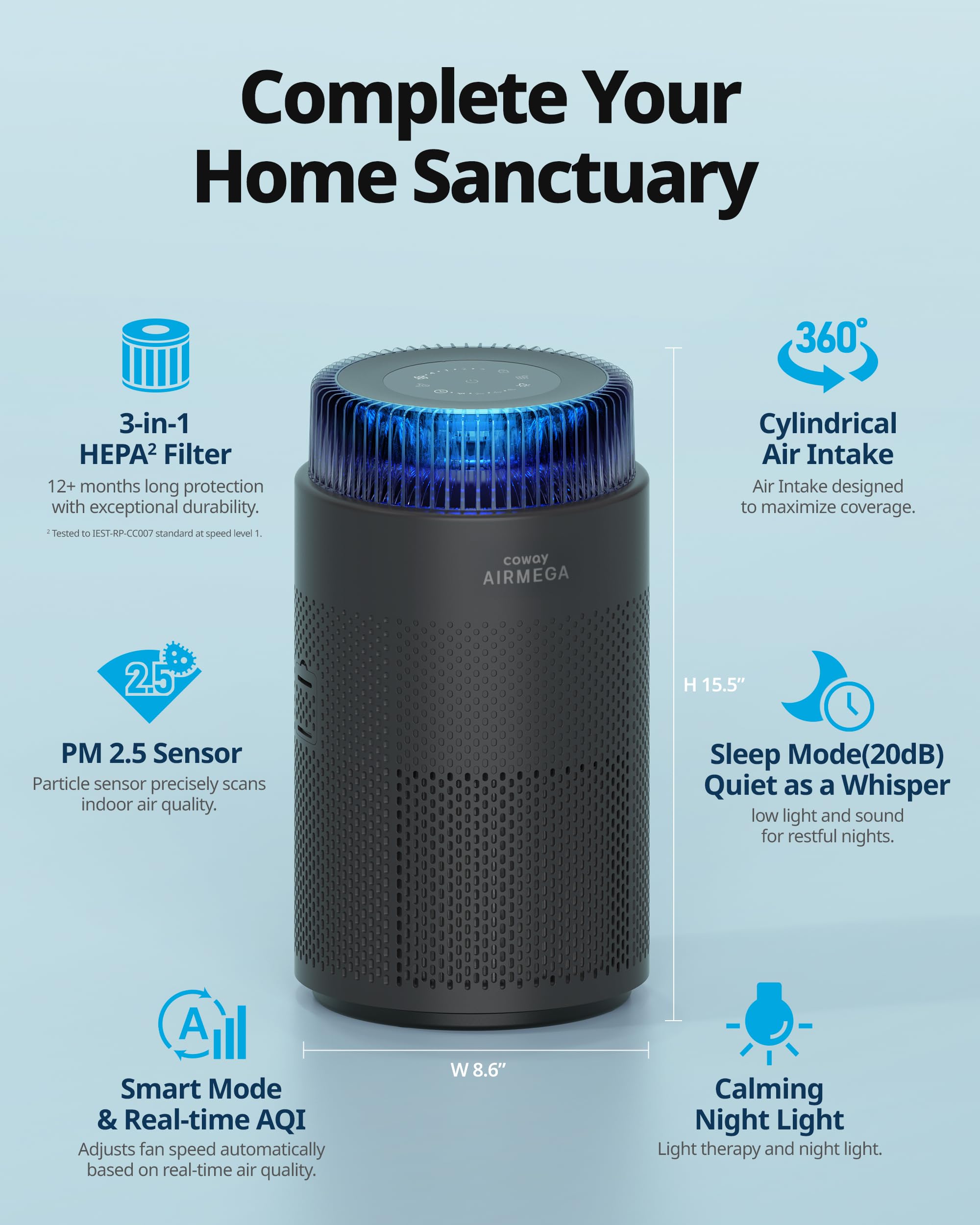 Coway air purifier close-up highlighting HEPA filtration for cleaner air.
