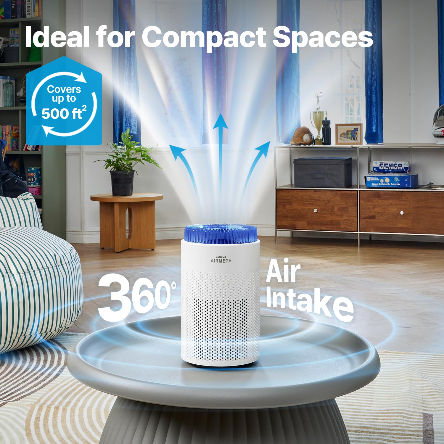 Coway purifier display showing real-time air quality with color indicators.