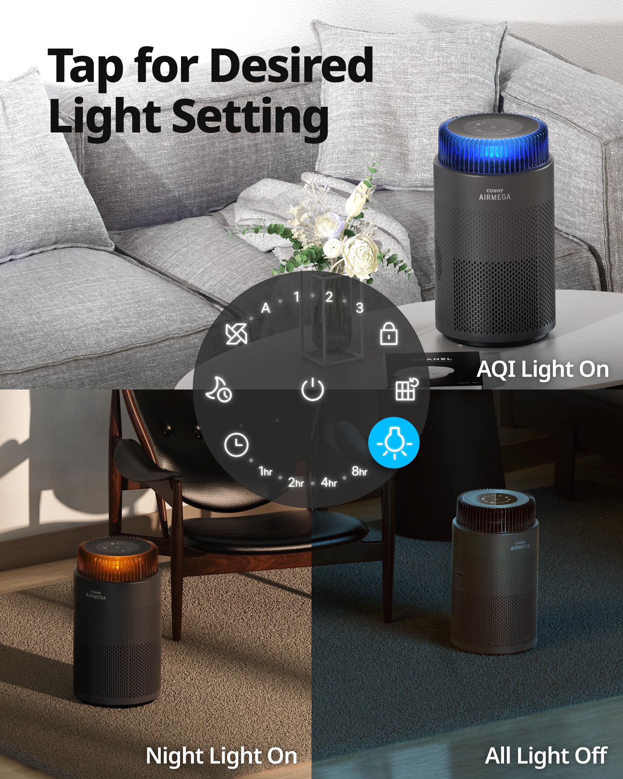 Coway air purifier operating quietly for undisturbed sleep.