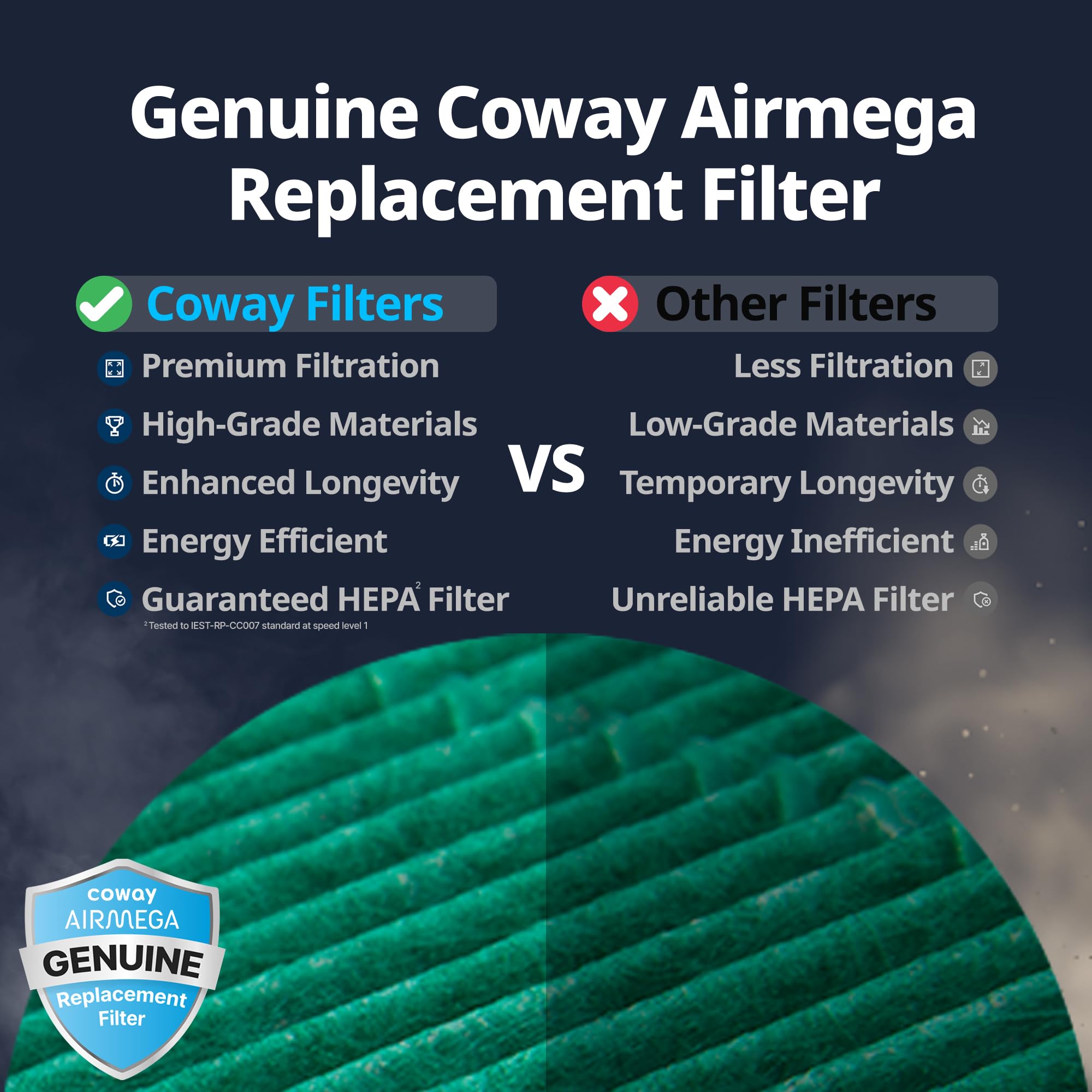 Close-up of Coway Airmega 150 activated carbon filter for odor reduction.