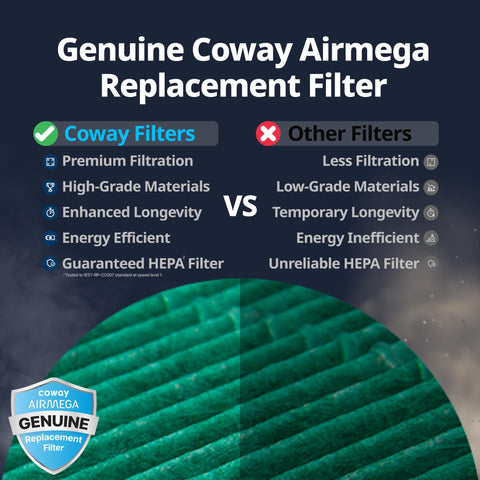Close-up of Coway Airmega 150 activated carbon filter for odor reduction.