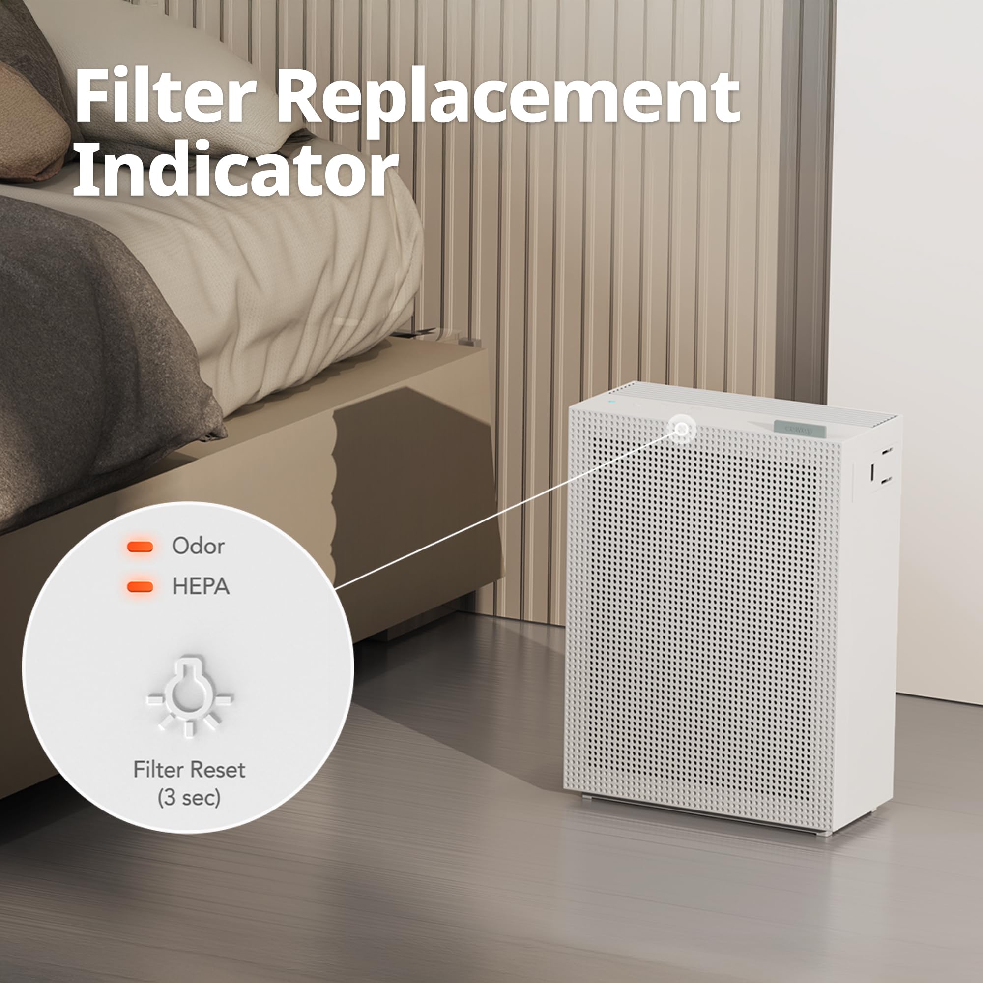 Coway Airmega 150 in-use purifier delivering cleaner air in a room.